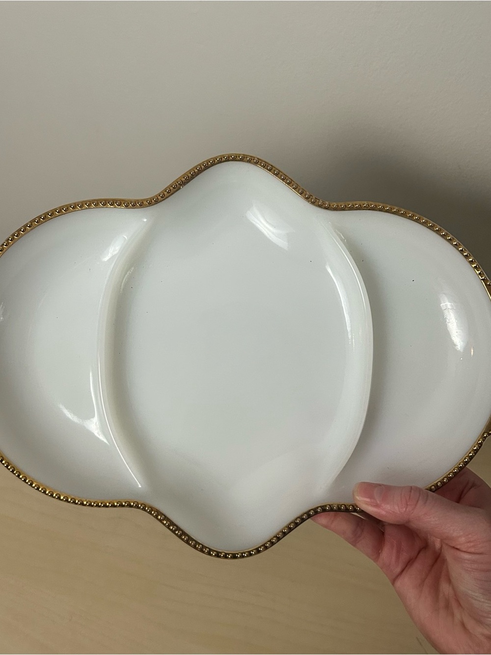 Fire-King Vintage Milk Glass Divided Serving Dish with Gold Trim